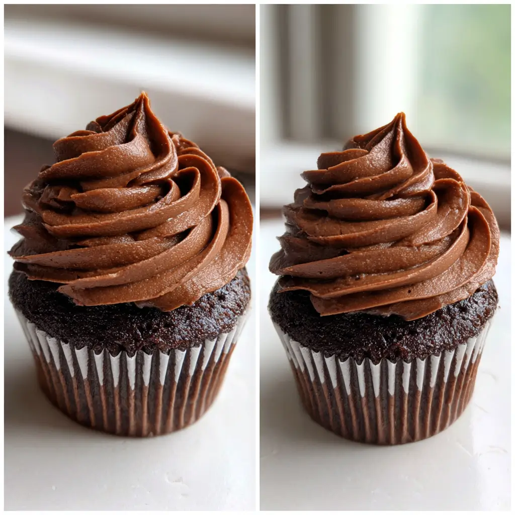Gluten-Free Chocolate Cupcakes That Are Moist and Easy to Bake 5 two gluten-free chocolate cupcakes with smooth chocolate frosting in natural light