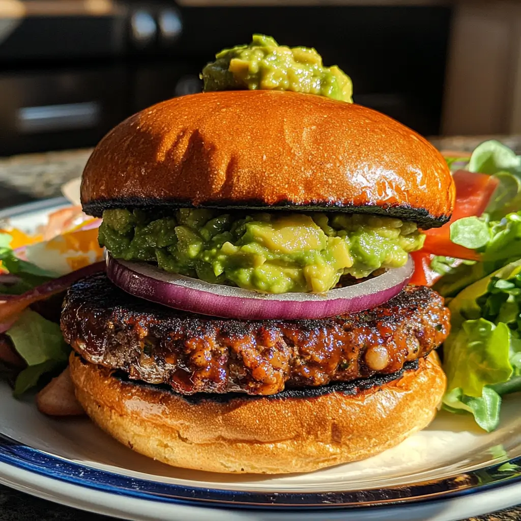 Gluten Free BBQ Veggie Burgers – 5-Star Flavor That Holds 4 Gluten free BBQ veggie burger with mashed avocado and red onion on a toasted bun