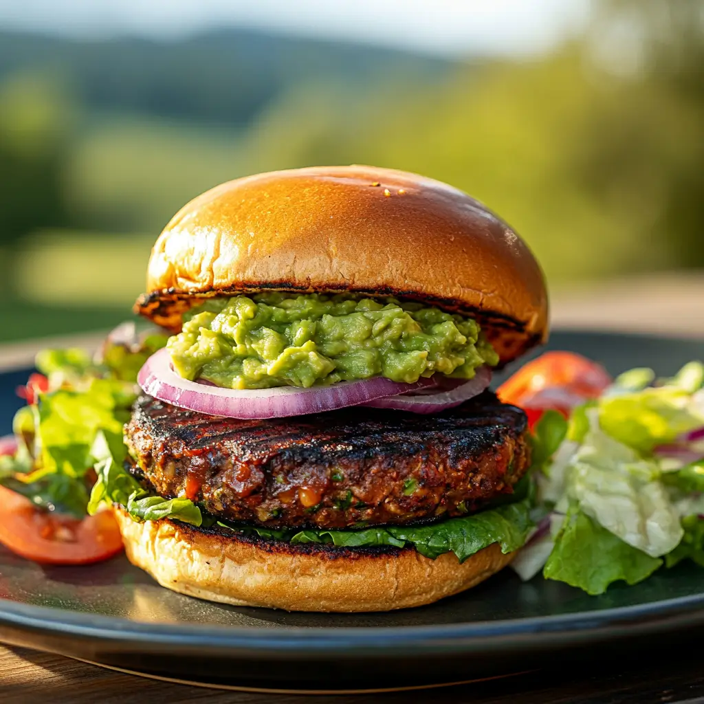 Gluten Free BBQ Veggie Burgers – 5-Star Flavor That Holds 3 Gluten free BBQ veggie burger recipe card image with avocado and red onion