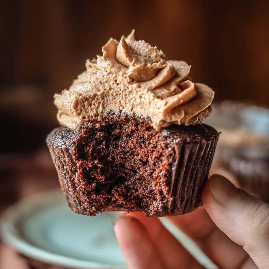 Gluten-Free Chocolate Cupcakes That Are Moist and Easy to Bake 3 hand holding a gluten-free chocolate cupcake with a bite taken, showing moist crumb and whipped frosting