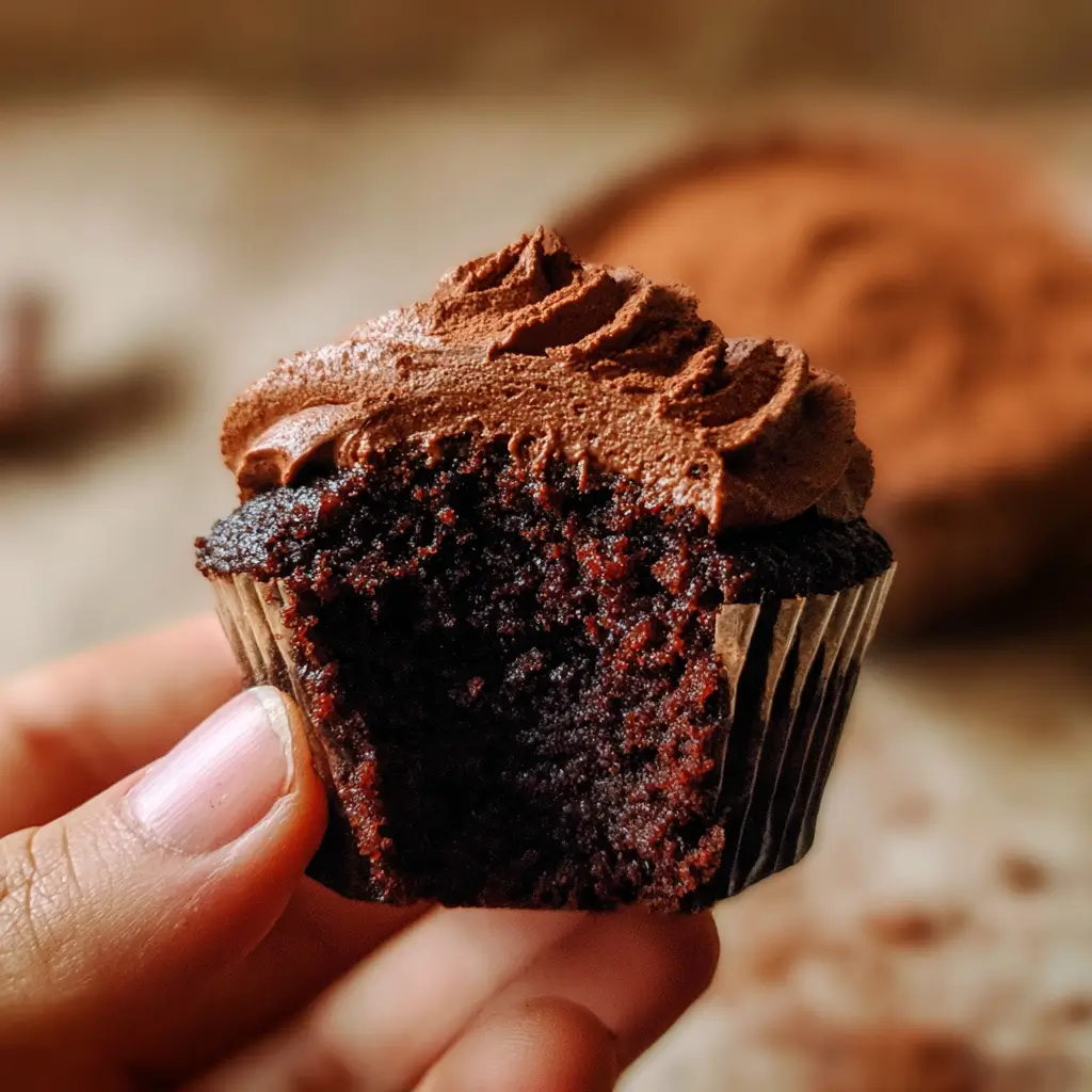 Gluten-Free Chocolate Cupcakes That Are Moist and Easy to Bake 2 hand holding a moist gluten-free chocolate cupcake with a bite taken out, showing rich texture and chocolate frosting