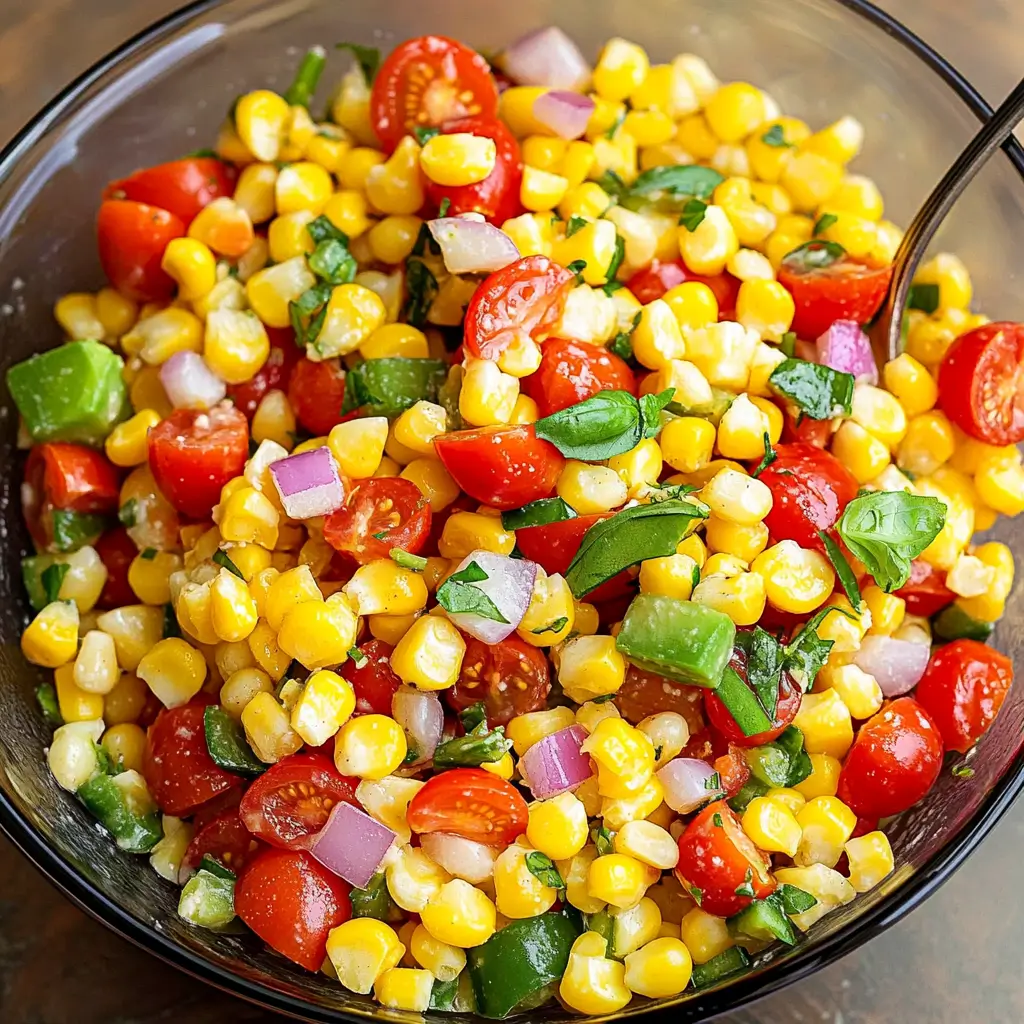 Gluten Free Corn Salad – 5-Ingredient Favorite with Fresh Flavor 3 Gluten free corn salad being mixed in a glass bowl with fresh basil, cherry tomatoes, and red onion