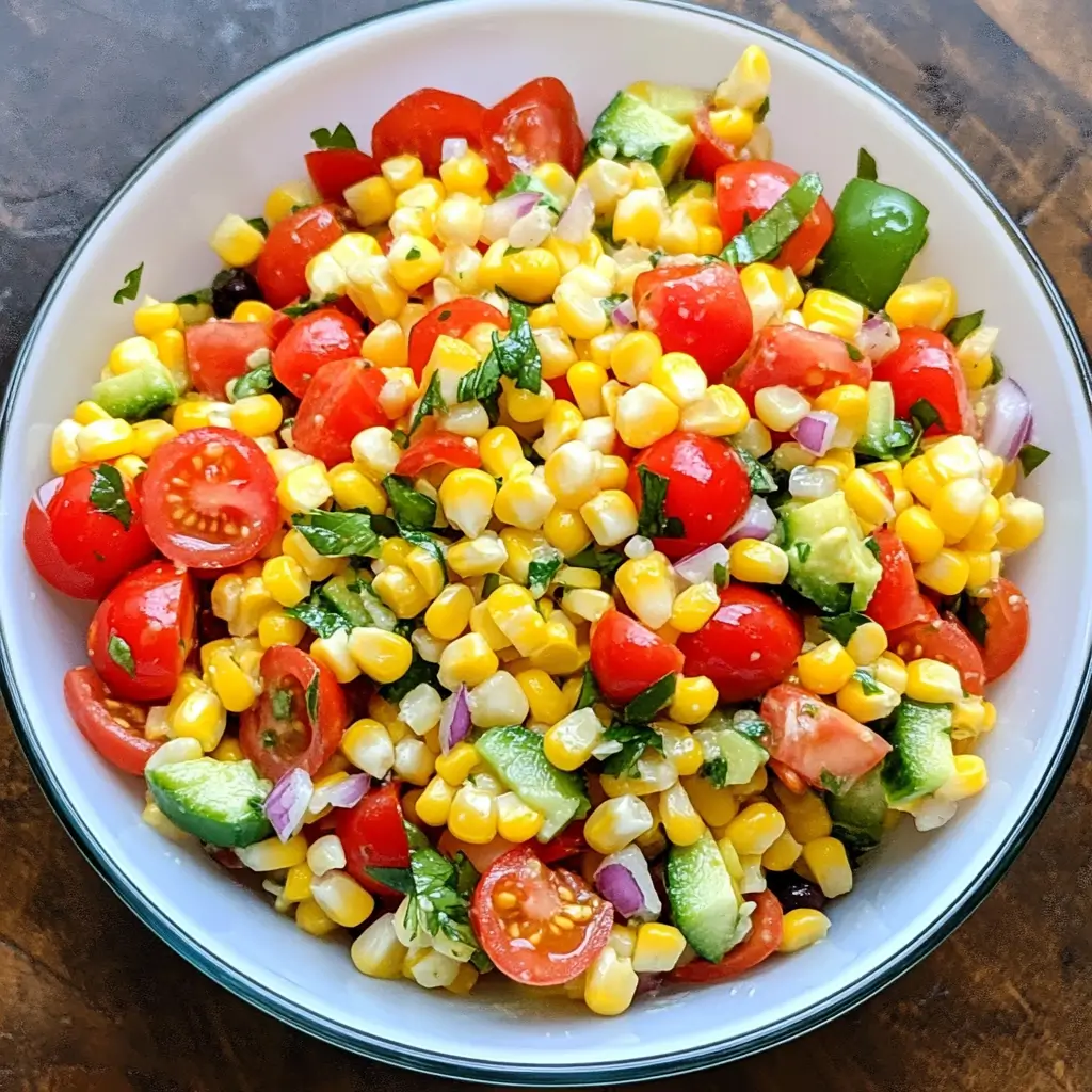 Gluten Free Corn Salad – 5-Ingredient Favorite with Fresh Flavor 4 Overhead view of gluten free corn salad with tomatoes, avocado, red onion, and herbs in a white bowl