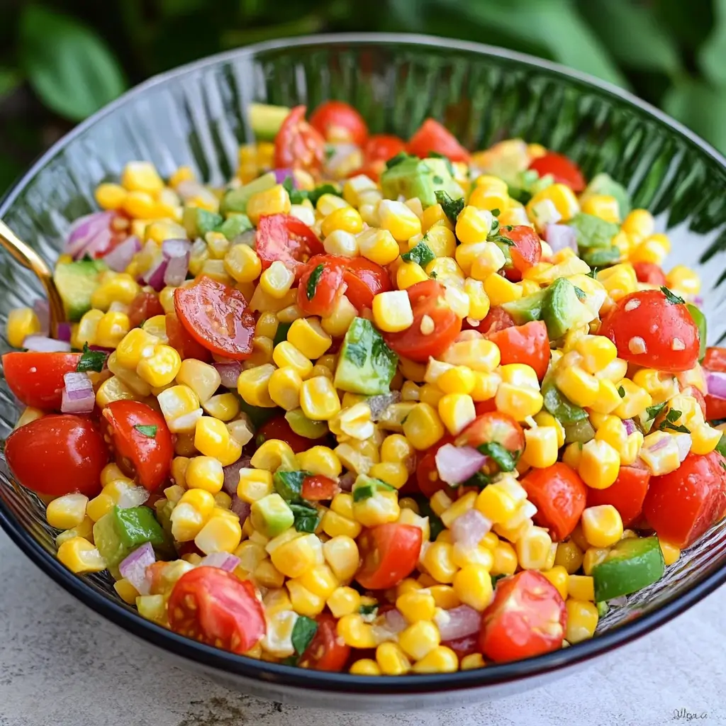 Gluten Free Corn Salad – 5-Ingredient Favorite with Fresh Flavor 2 Gluten free corn salad with avocado, tomatoes, and red onion served in a glass bowl