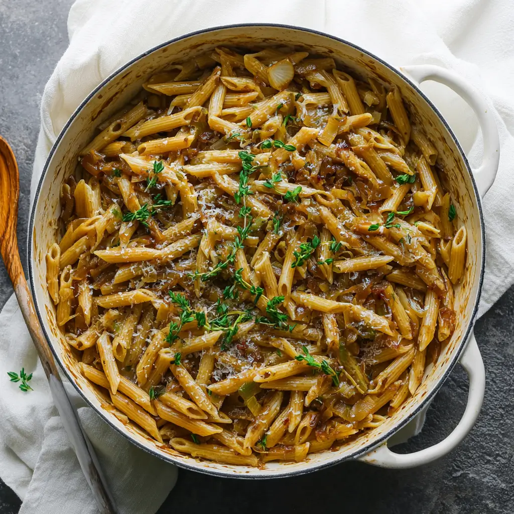 Gluten Free One-Pot French Onion Pasta That’s Rich, Cozy & Ready Fast 4 Chickpea penne pasta simmering in broth with caramelized onions and herbs