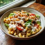 Rustic gluten-free Turkish pasta salad with spiced beef, fresh veggies, and Greek yogurt