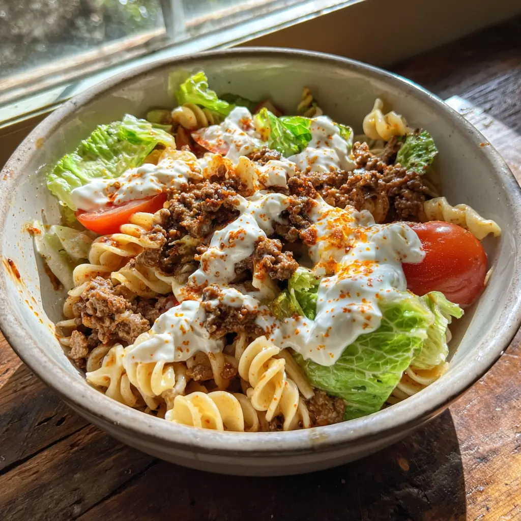 Gluten-Free Turkish Pasta Salad: Bold, Nourishing & Easy to Make 3 Homemade gluten-free Turkish pasta salad with ground beef, yogurt, romaine, and tomatoes