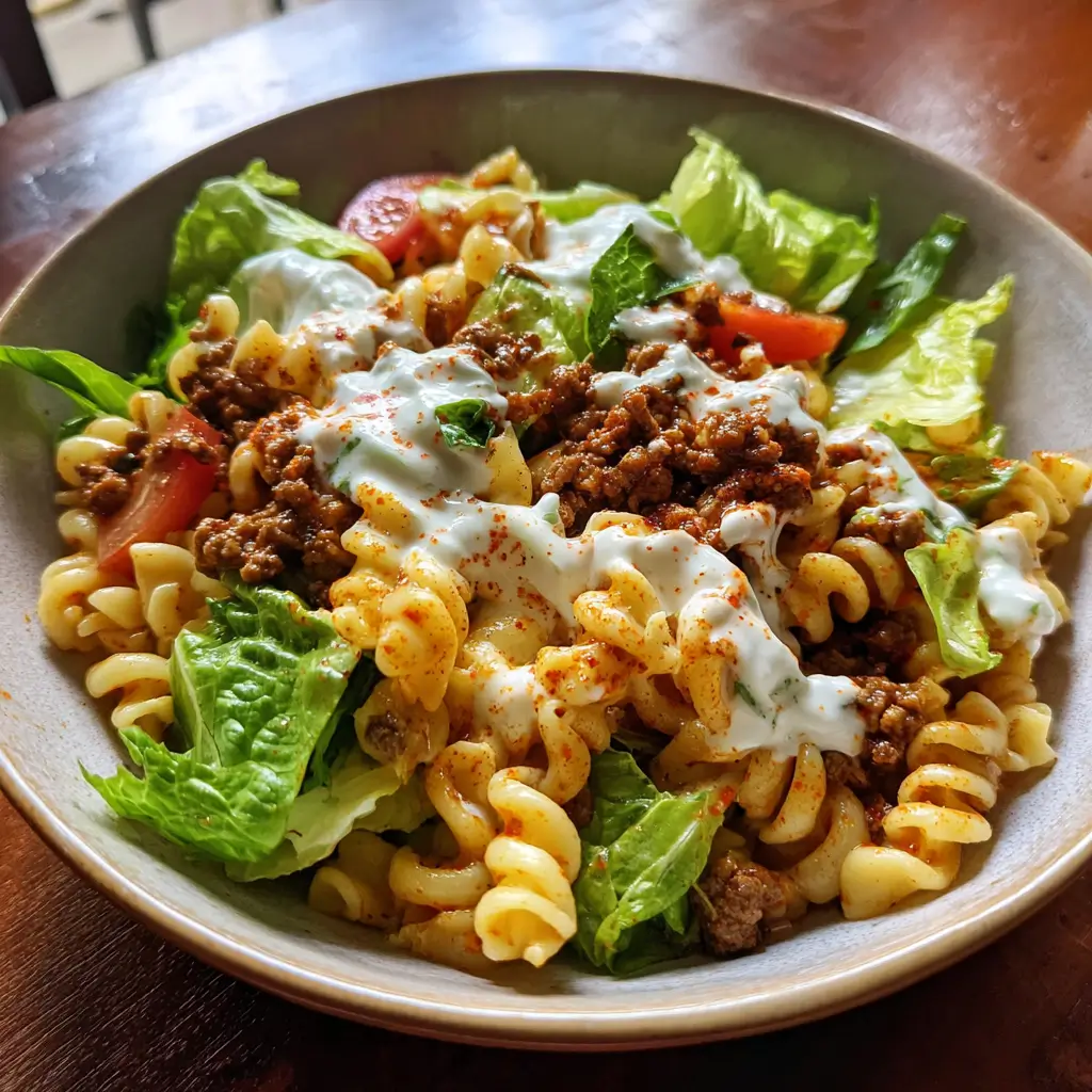 Gluten-Free Turkish Pasta Salad: Bold, Nourishing & Easy to Make 2 Gluten-free Turkish pasta salad with spiced beef, creamy yogurt, fresh tomatoes, and romaine lettuce