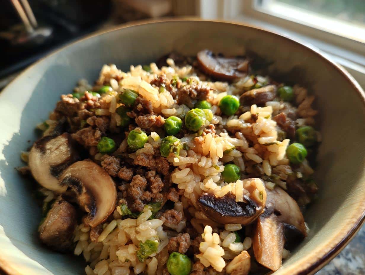 One‑Pot Beef, Mushroom & Pea Pilaf