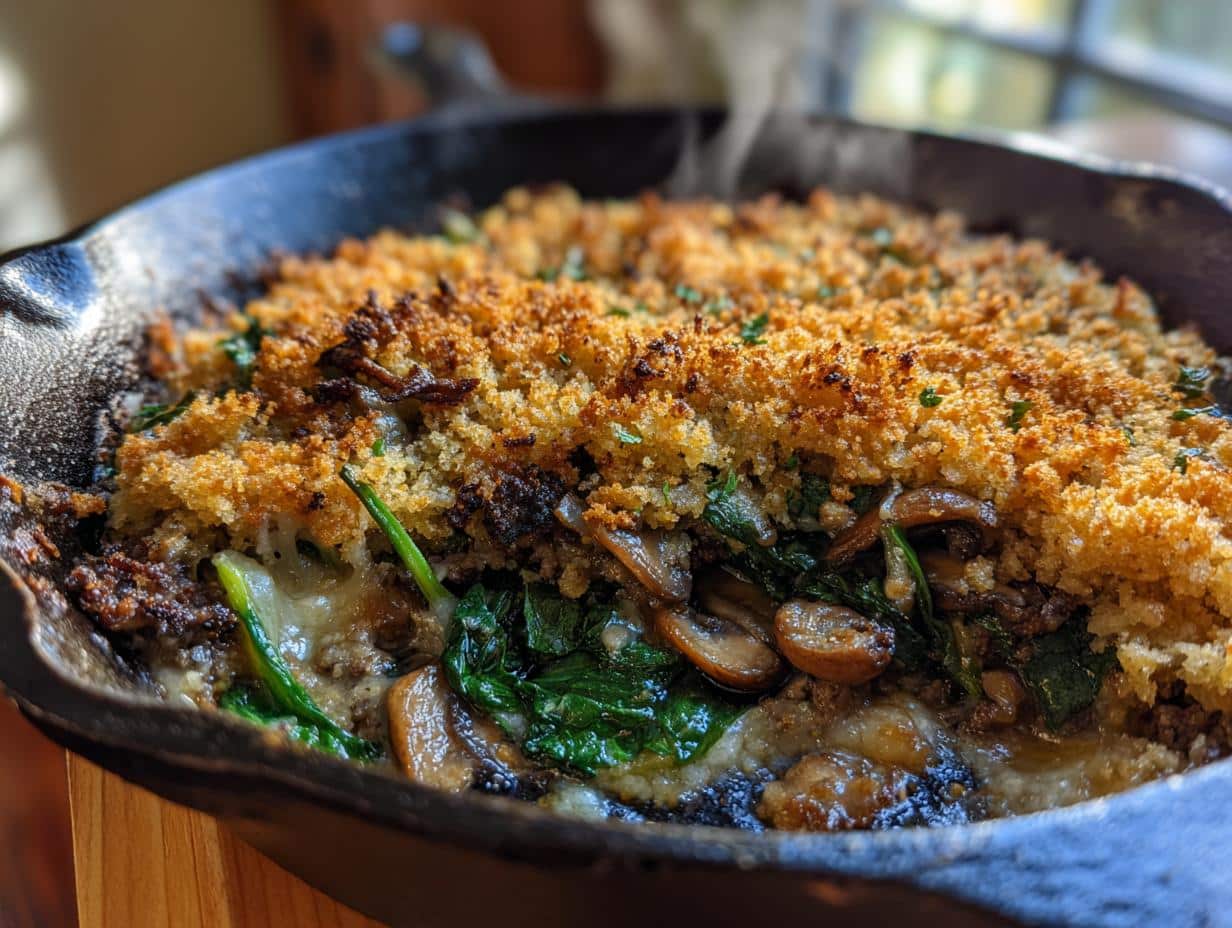 Hearty One-Pot Beef, Mushroom & Winter Greens Gratin to Savor