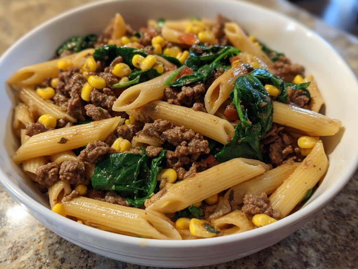 30-Minute One-Pot Beef, Spinach & Sweet Corn Pasta Delight