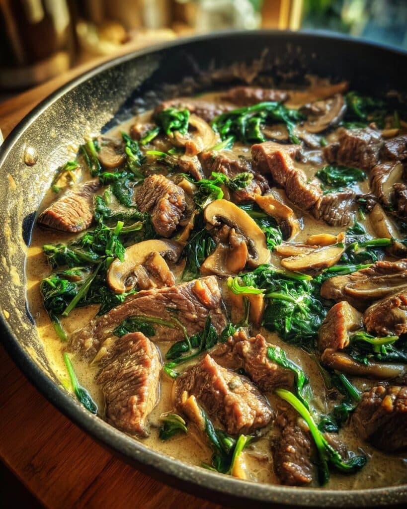 One‑Pot Beef Stroganoff with Mushrooms and Winter Greens