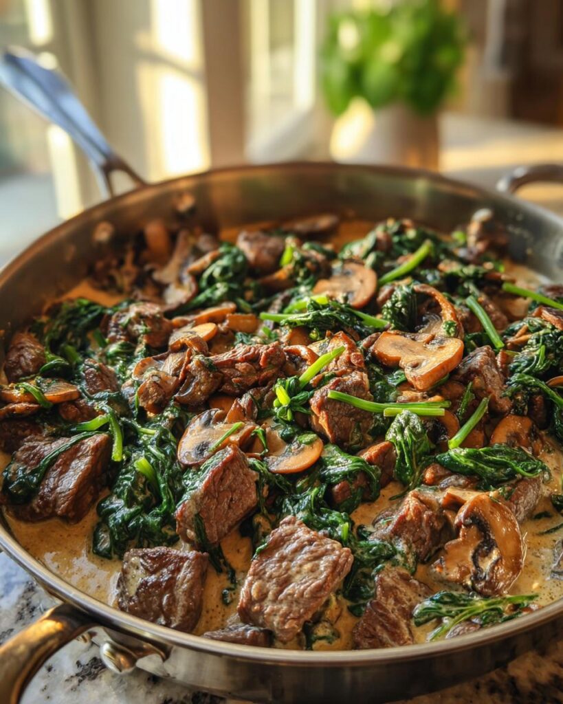 One‑Pot Beef Stroganoff with Mushrooms and Winter Greens