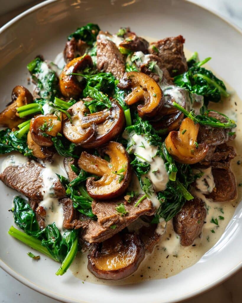 One‑Pot Beef Stroganoff with Mushrooms and Winter Greens