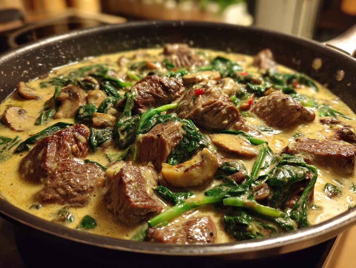 40-Minute One‑Pot Beef Stroganoff with Mushrooms and Winter Greens