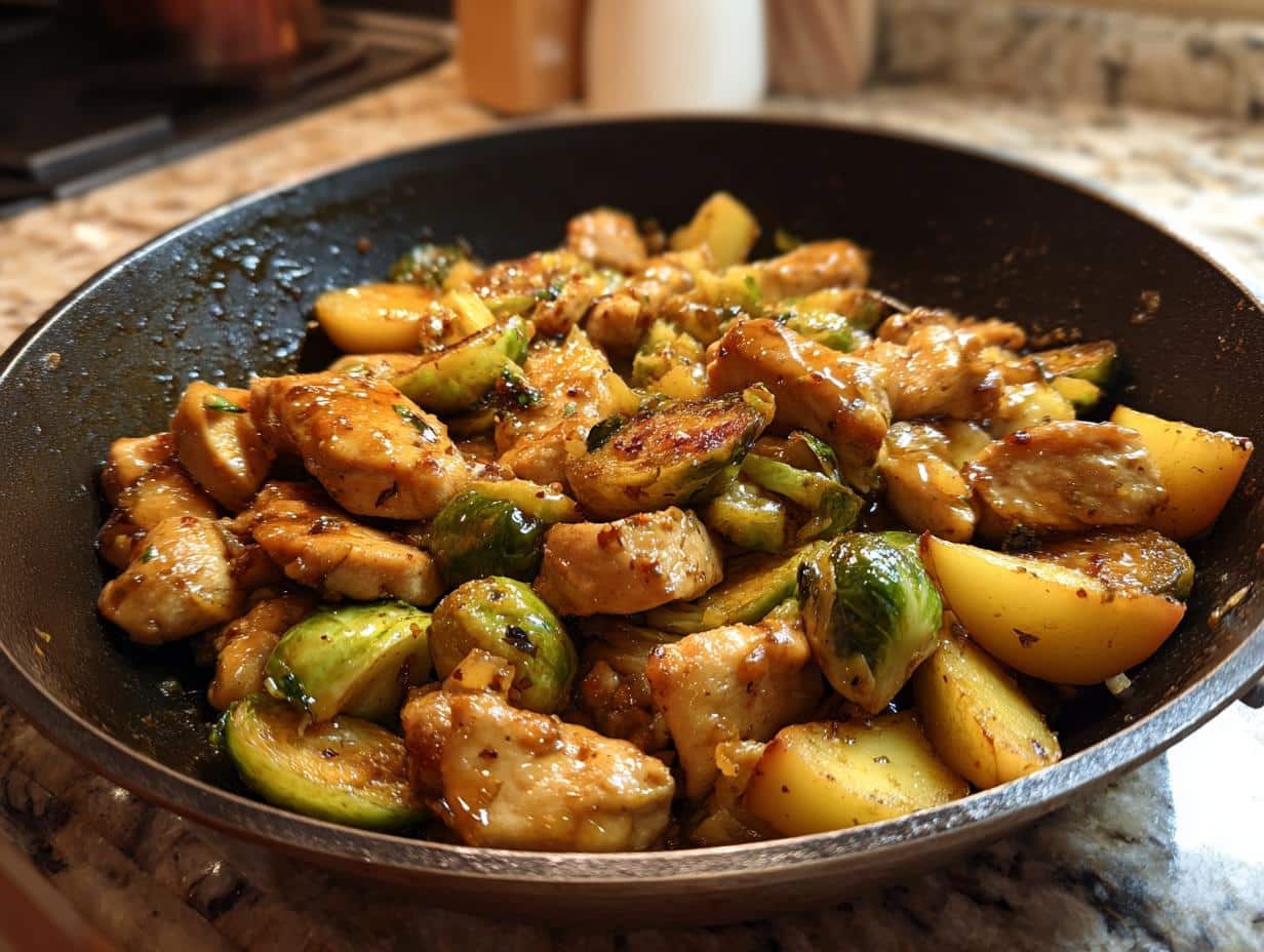 1-Pan Magic: Irresistible One-Pot Chicken, Apple & Brussels Sprout Skillet