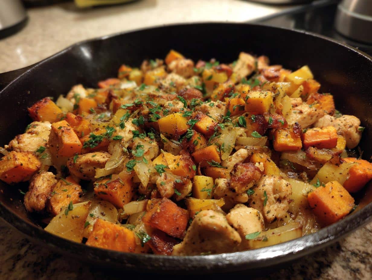 One‑Pot Chicken, Apple & Sweet Potato Hash