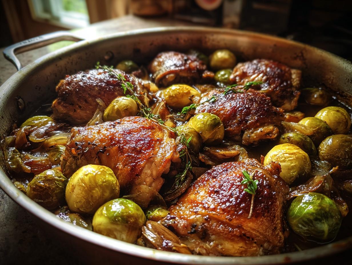 Irresistible One-Pot Chicken with Crispy Brussels and Chestnuts