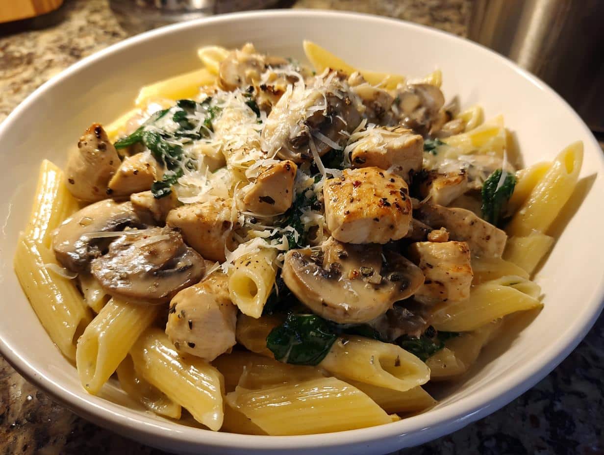 One‑Pot Chicken, Mushroom & Spinach Pasta