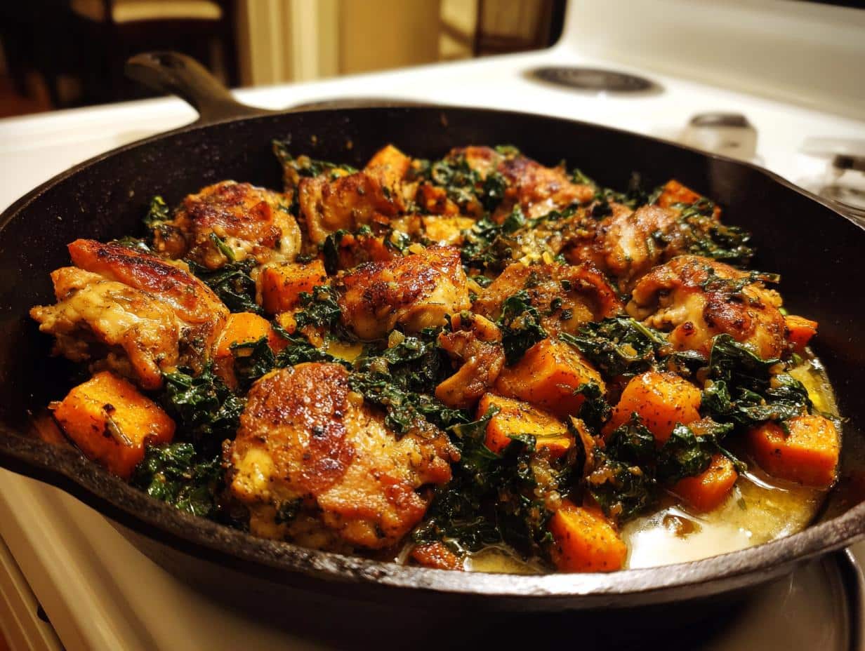 One‑Pot Chicken, Sweet Potato & Kale Skillet
