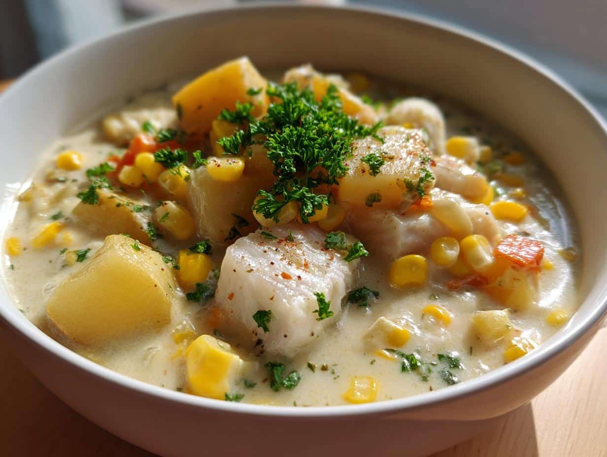 35-Minute One-Pot Cod, Sweet Corn & Potato Chowder Bliss