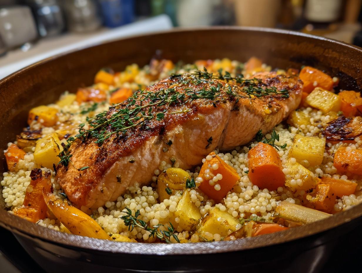 40-Minute One-Pot Salmon, Couscous and Roasted Root Vegetables (Easy!)