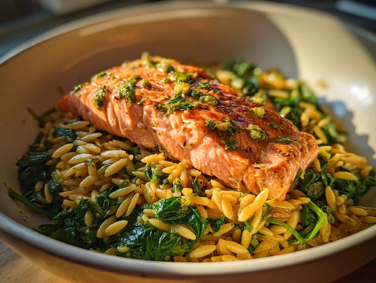 1-Pot Salmon Spinach Pesto Orzo for Stunning 25-Minute Meals