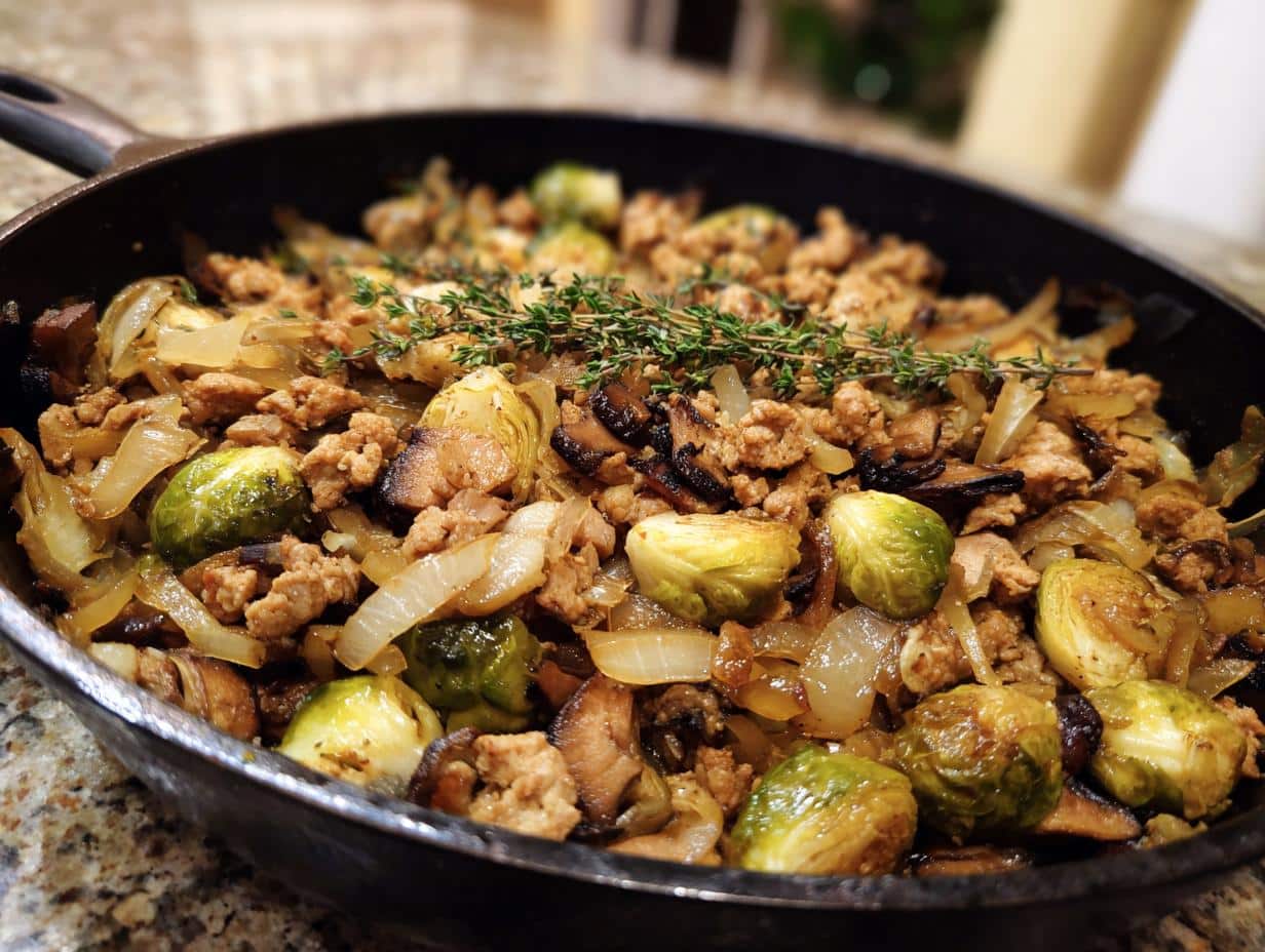 Hearty 30-Minute One-Pot Turkey, Brussels Sprouts & Wild Mushroom Medley