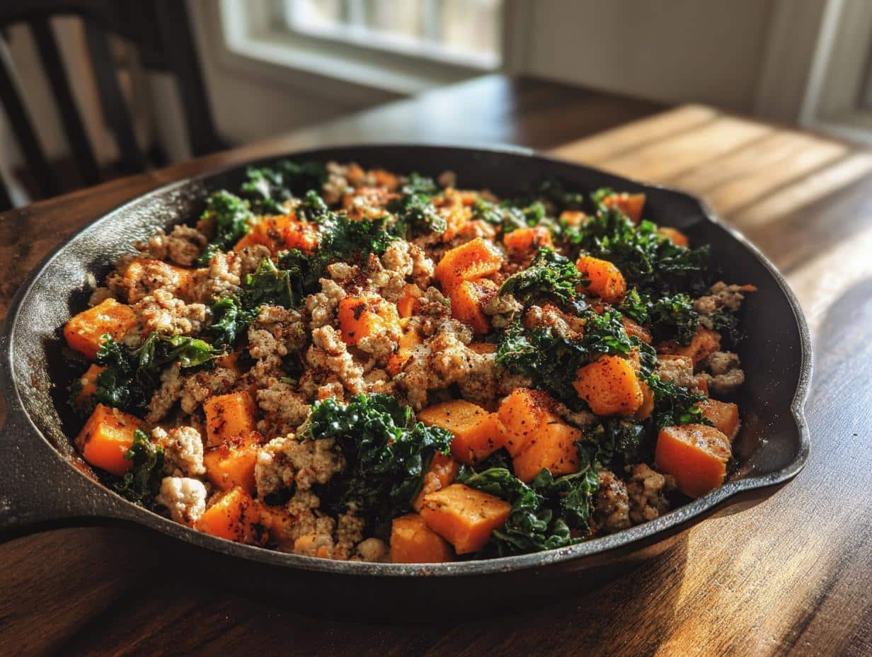 One‑Pot Turkey Sausage, Sweet Potato & Kale Hash