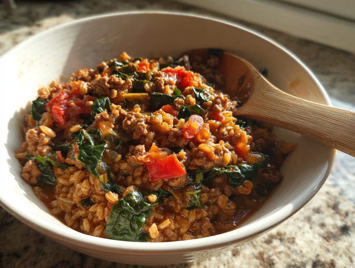 One-Pot Beef, Kale &amp; Farro Pilaf, A 5-Step Comfort Feast