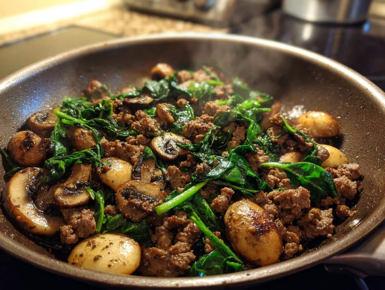 30-Minute One-Pot Beef, Mushroom & Spinach Skillet Magic