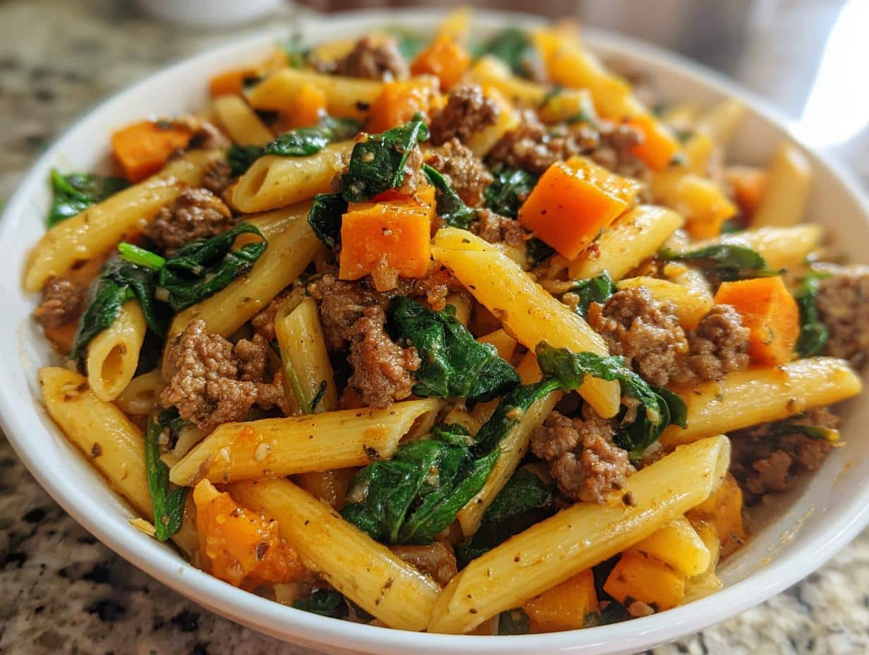 One‑Pot Beef, Sweet Potato & Spinach Pasta