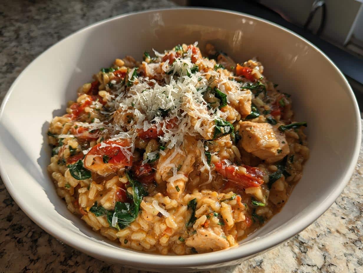 35-Minute One-Pot Chicken, Spinach & Tomato Risotto Magic