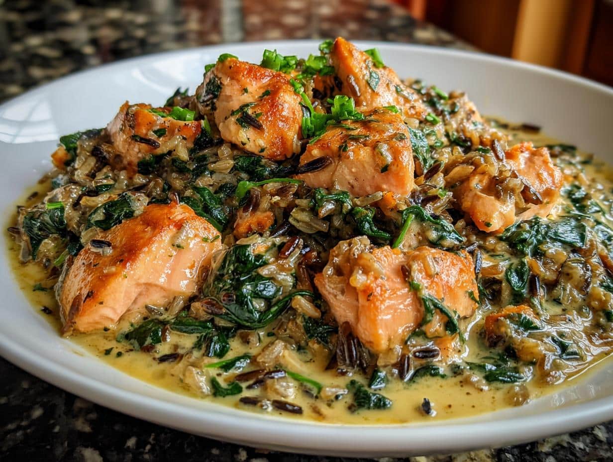 35-Minute One-Pot Salmon, Spinach &amp; Wild Rice Skillet Bliss