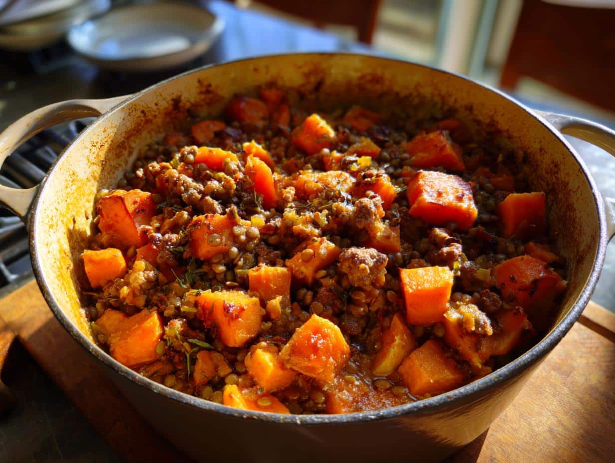 Hearty One-Pot Turkey, Sweet Potato & Lentil Bake in 45 Minutes
