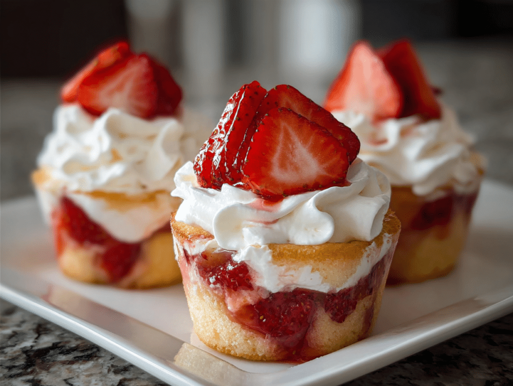 Strawberry shortcake cups layered with cake strawberries and whipped cream