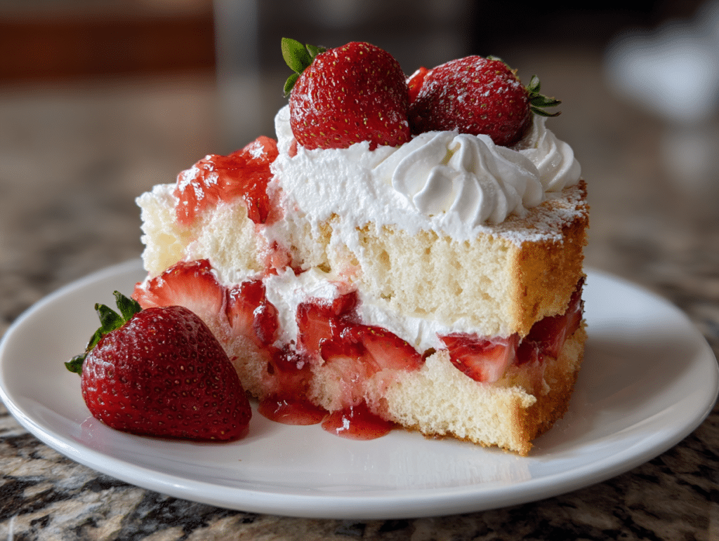 Angel food strawberry shortcake with whipped cream and fresh strawberries