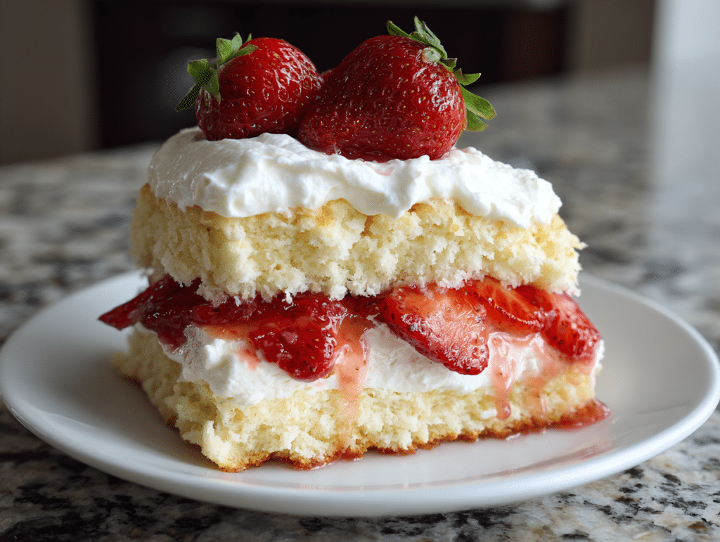 Classic strawberry shortcake with biscuits, fresh strawberries, and whipped cream