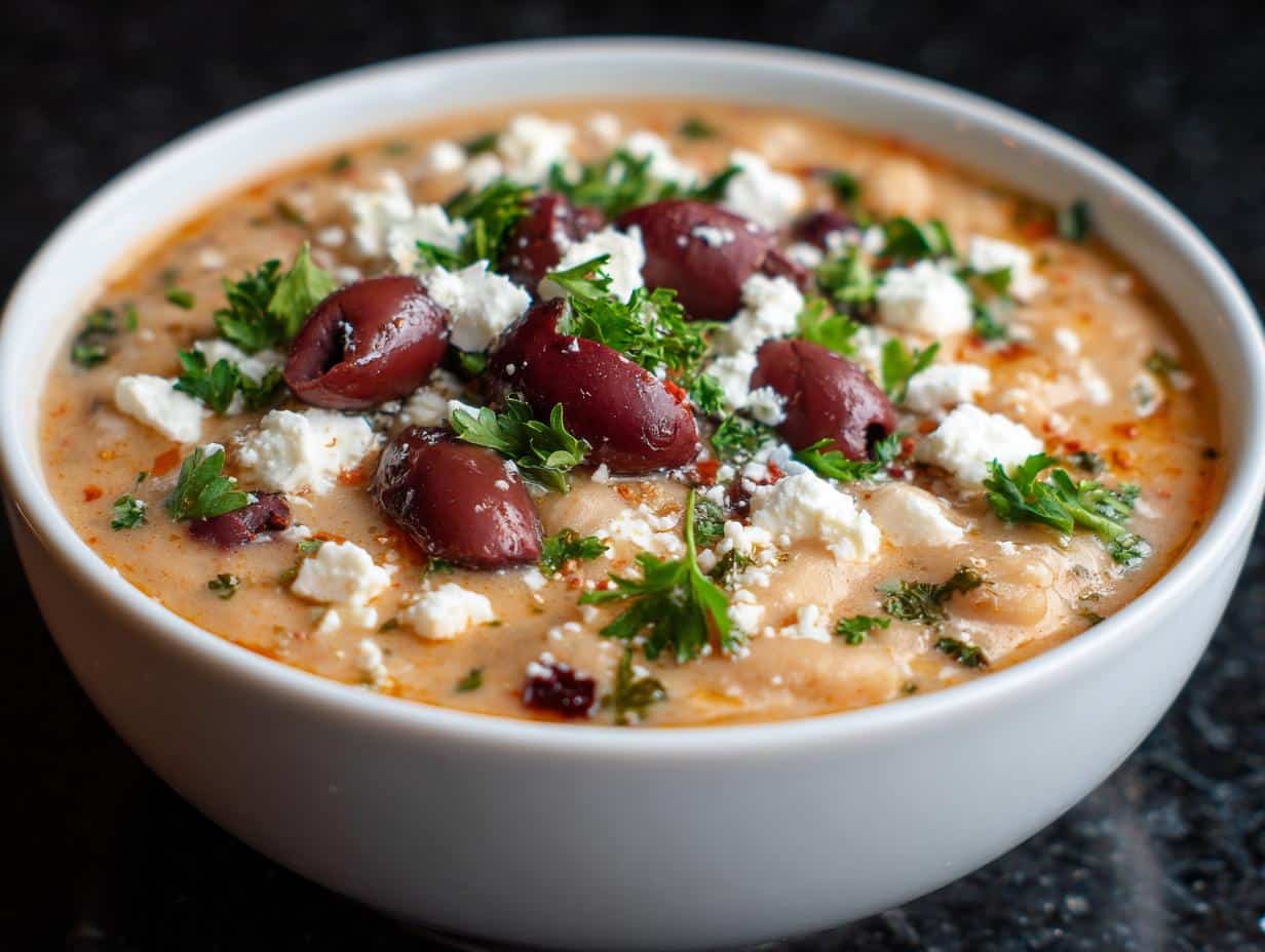 Creamy Greek White Bean Soup with Feta & Olives in 45 Minutes