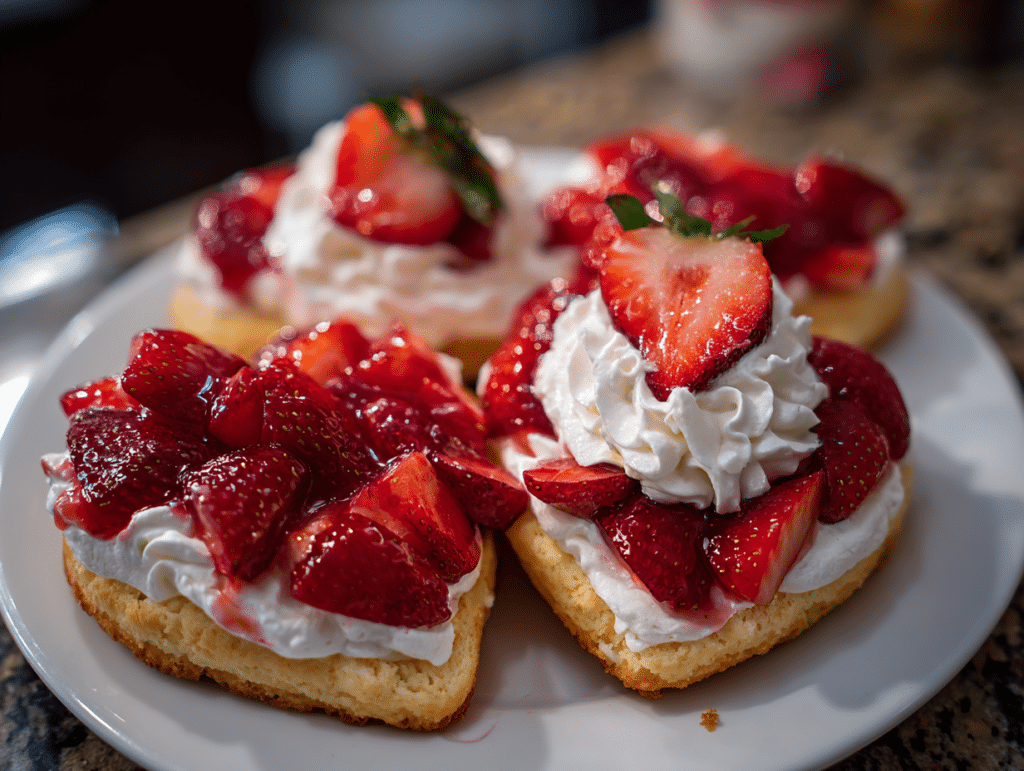 Heart shaped strawberry shortcake with whipped cream and strawberries