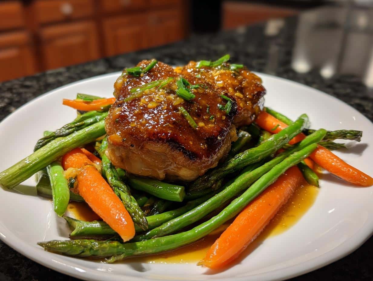 Juicy Honey & Mustard Chicken Thighs with Spring Veg in 35 Minutes